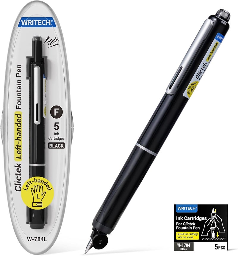 WRITECH Fountain Pen Left Handed: Retractable Style Black Ink Set Fine Nib, Includes 5 Ink Cartridges for Smooth Writing Calligraphy Journaling - Image 1